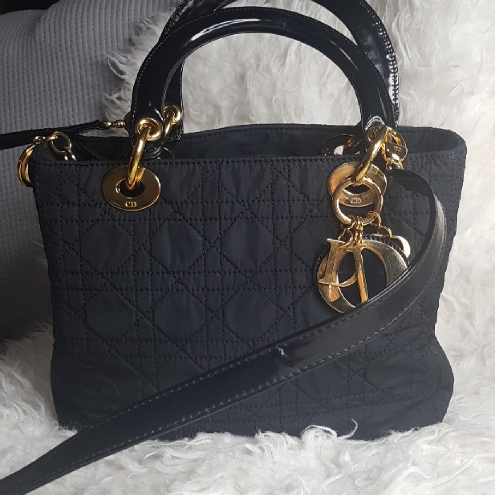 Auth Christian Dior Lady Dior Black Quilted Cannage  Handbag with Gold Accents